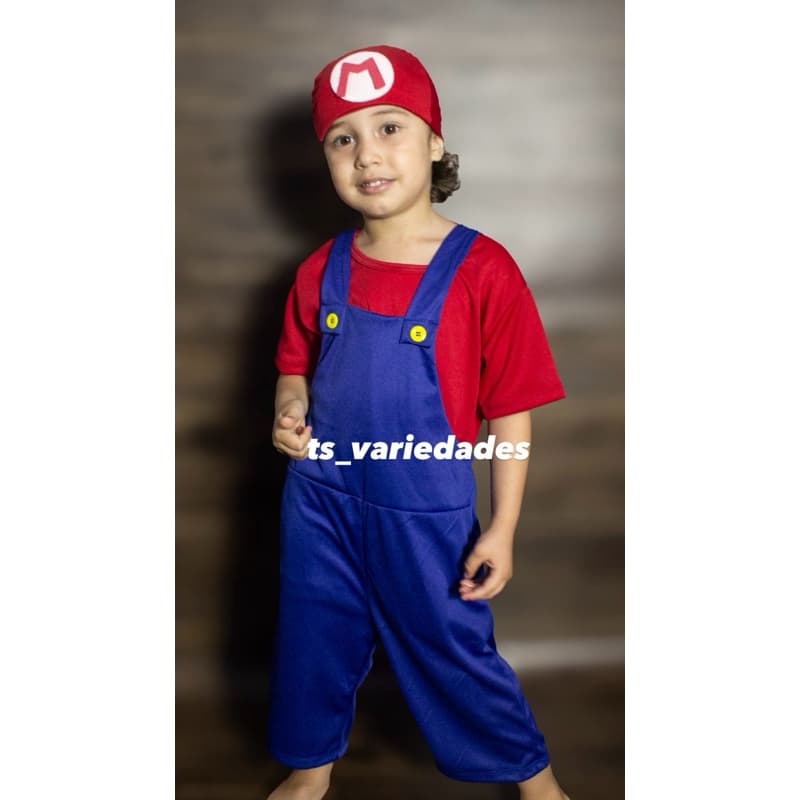Fantasia Super Mario Com Chapéu Vermelha Azul Macacão Carnaval
