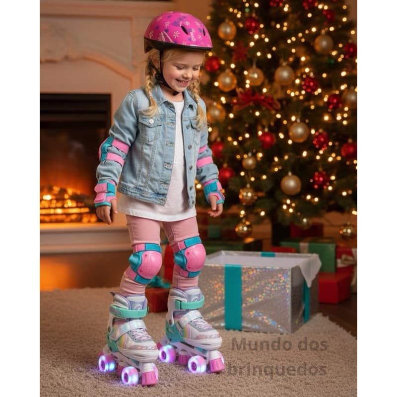 Patins 4 Rodas Infantil Arco Íris Led Tamanho ajustavel + Kit Proteção-