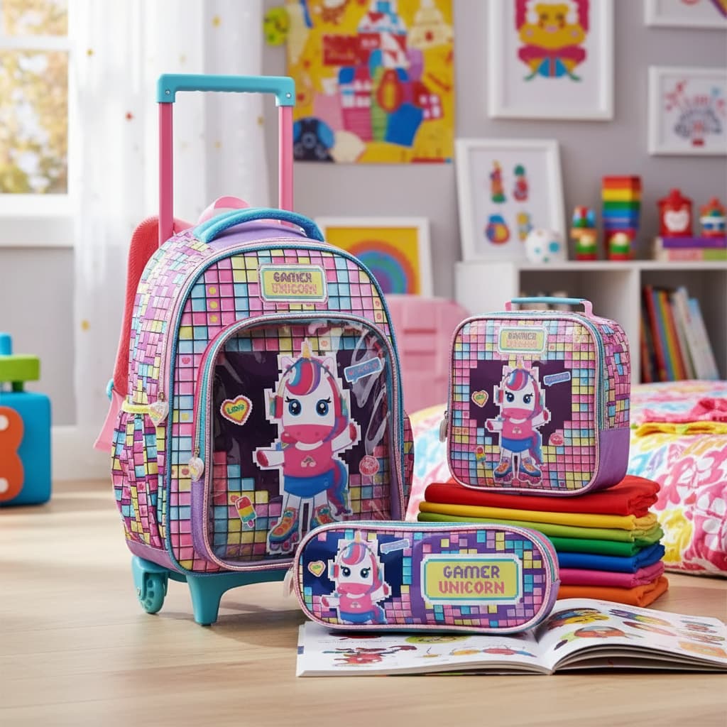 Kit Mochila De Rodinhas Infantil Menina Unicornio Gamer