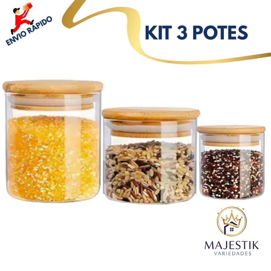 Kit 3 Potes De Vidro Hermético Tampa Bambu Para Cozinha Pote de Vidro 350ml 610ml 750ml