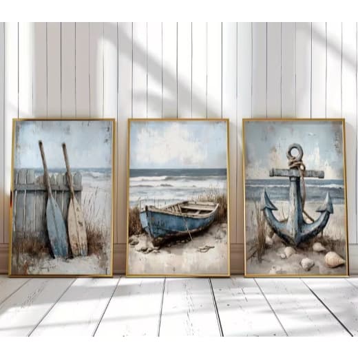 KIT 3 QUADROS DEOCRATIVOS PRAIA ANCORA CANOAS OCEANO AZUL MAR