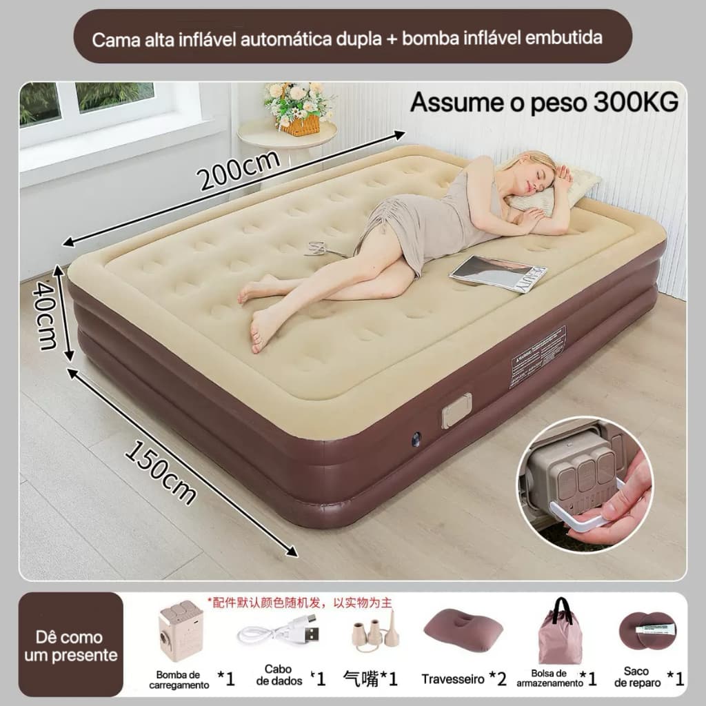 Colchão inflável queen size, cama de acampamento, bomba de ar (bateria de lítio embutida) com travesseiro