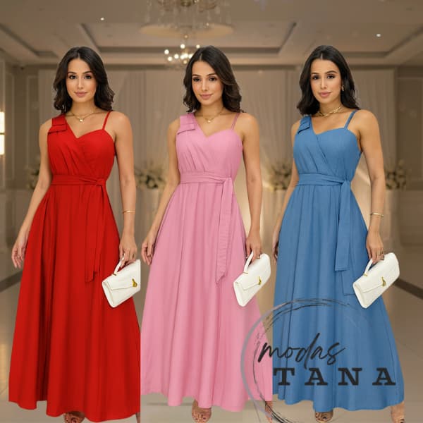 vestido longo feminina tecido duna linho com laco no ombro alça  única regulável, cinto e bojo/ casamento festa e casua