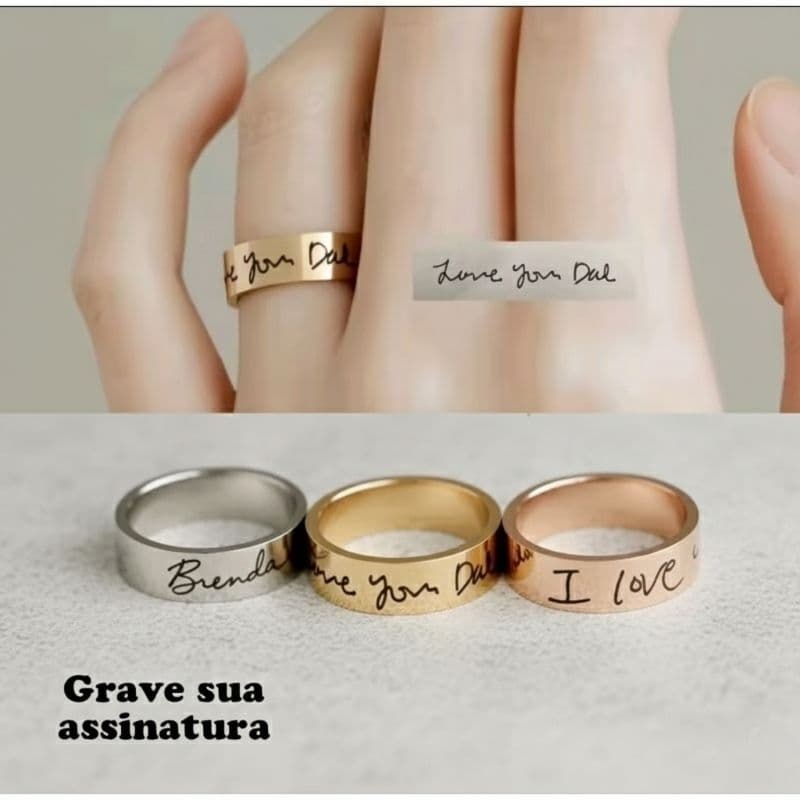 Anel Aliança Aço inoxidável Personalizado Com Escrita a mão Assinatura Masculino Feminino Casal