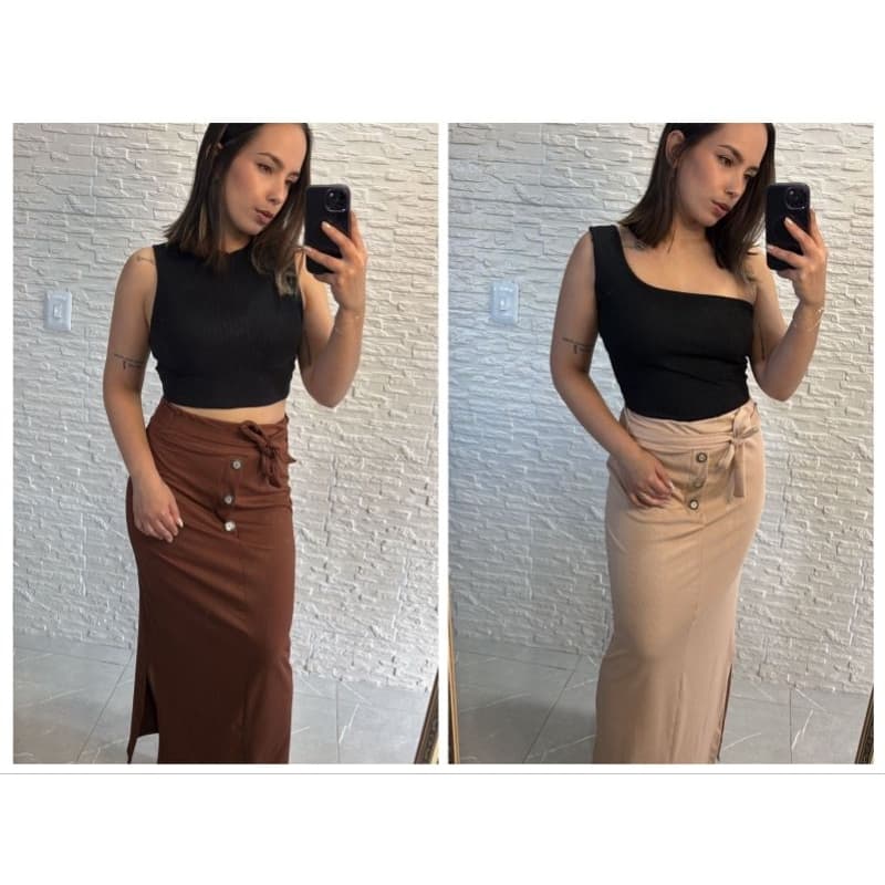 Saia Longa Feminina com Fenda e Botão Premium Moderna, Elegante, Confortável, Nova Coleção