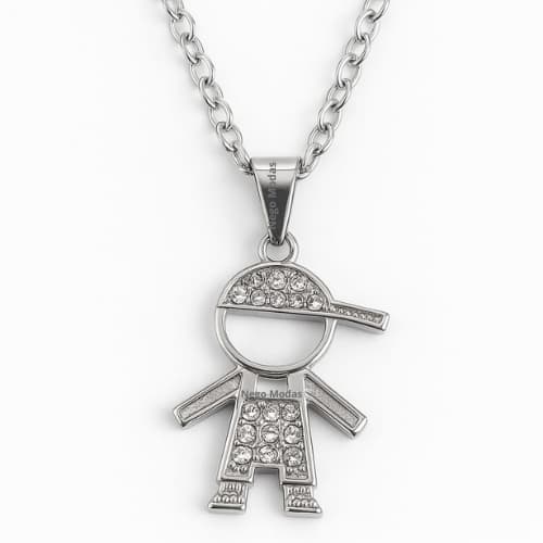 Pingente Infantil menina e menino de Luxo com Pedras Brilhantes conexão Cute Delicado Colar Aço Inox