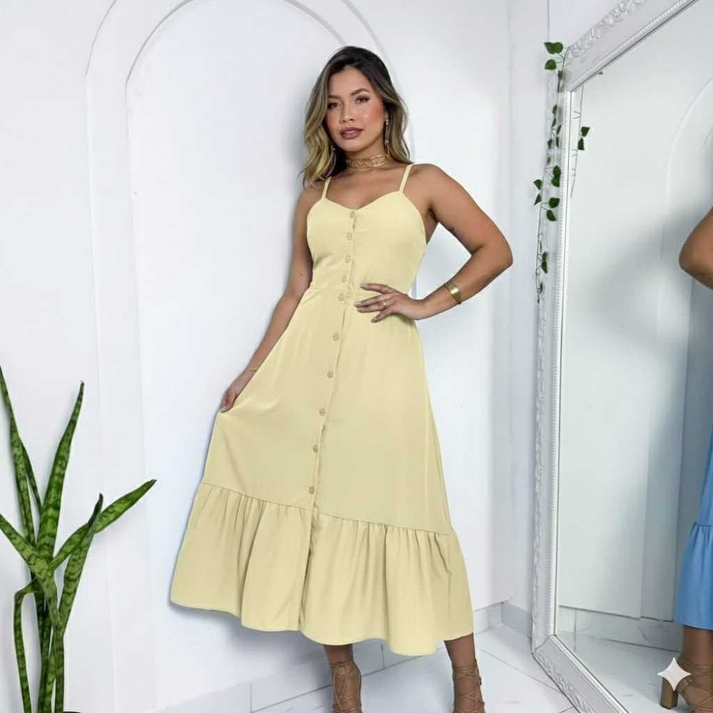 Vestido Midi Femenino com Alças-tendência 2025, Confortável e Ajuste nas costas