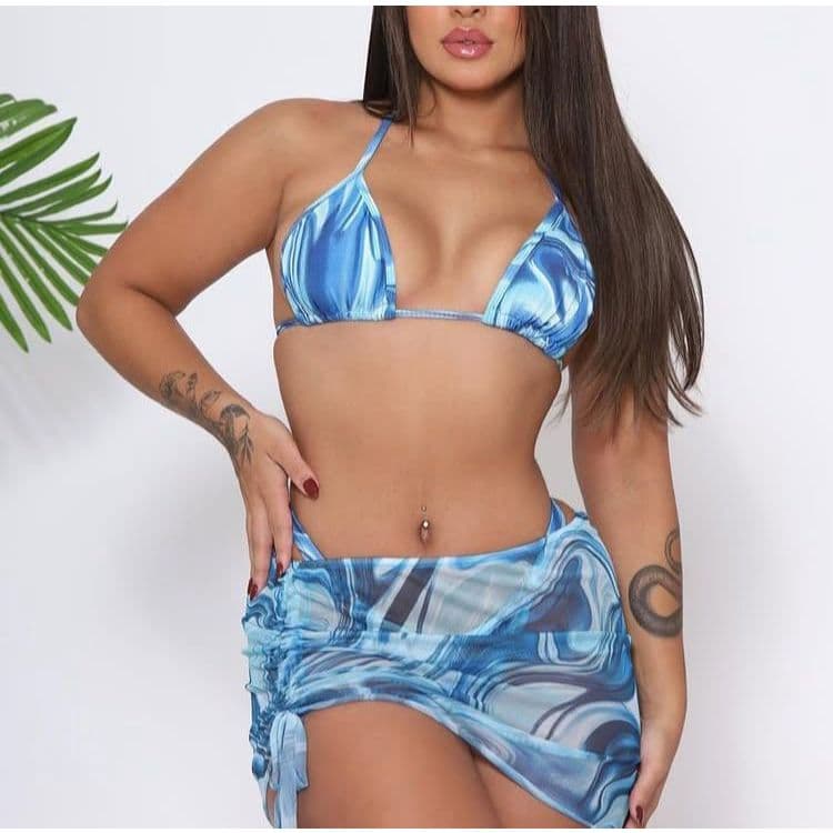 Conjunto 3 Peças Biquini Tayday  Fita Poliamida Forrado Com regulagem Mais Saia De Tule Moda Praia Verão