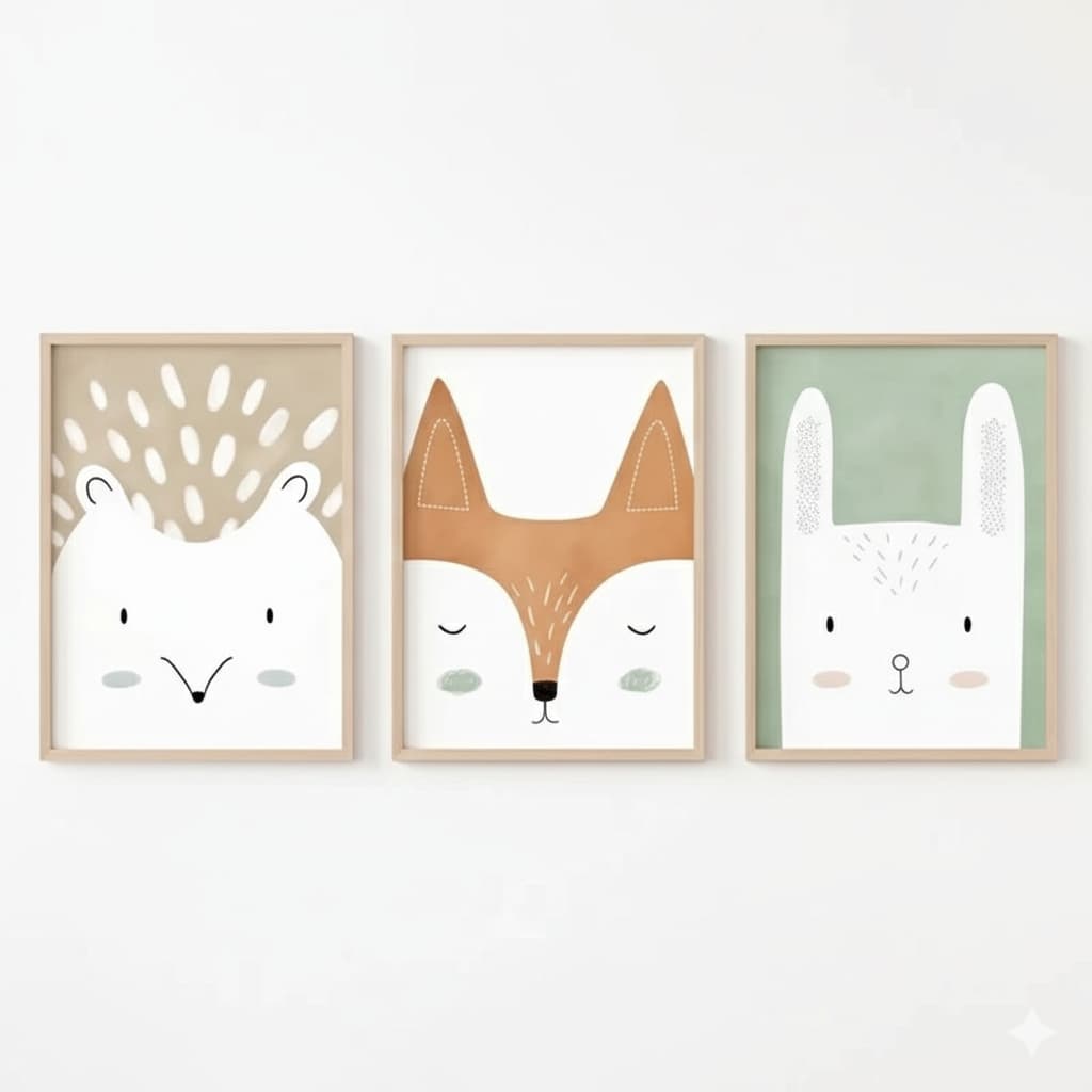 Quadro decorativo  Berçário, Raposa, Coelho, Ouriço, Floresta (3 peças 40x60)