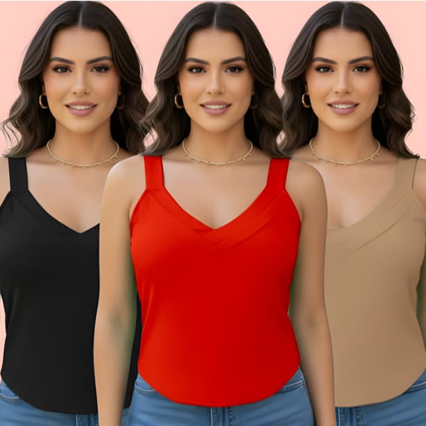 Kit 3 Regatas Feminina Gola 2 V Elegante Dia A Dia Soltinha Básica Moda Verão Blusa Tableado