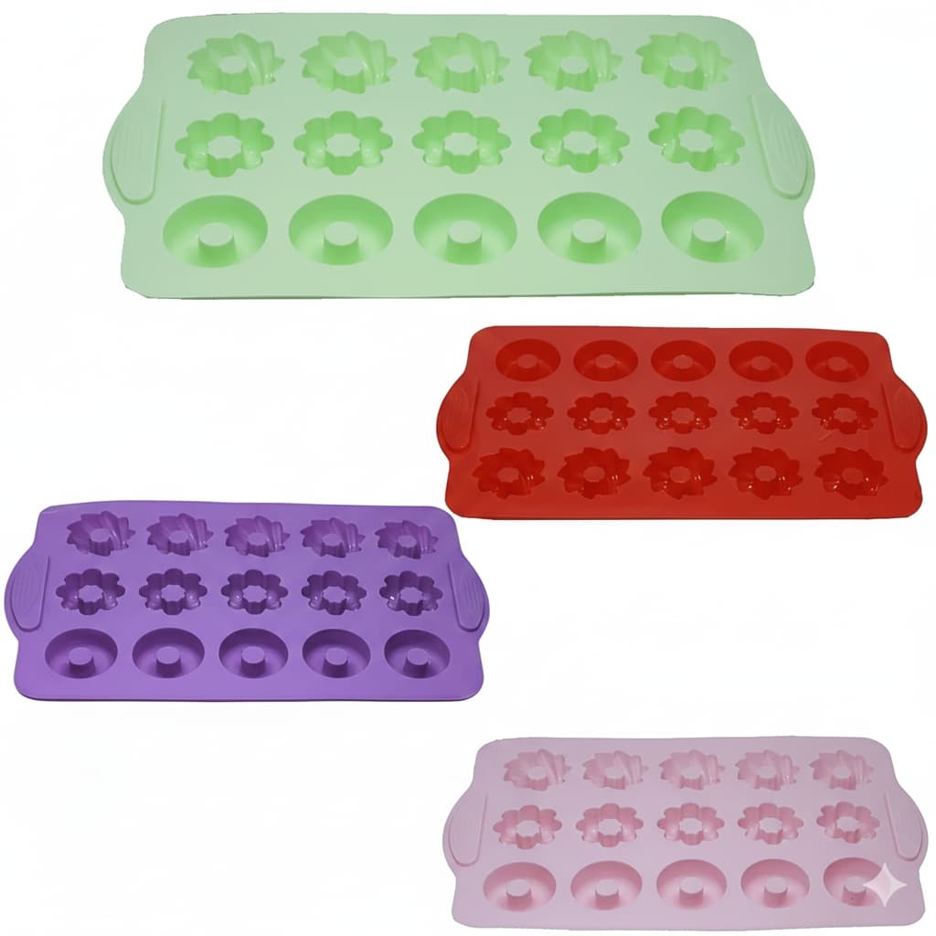 Forma Silicone 29X17X1,8cm Mini Donuts Bolo Cupcake Gelatina Pudim Bombom Chocolate Gelo Lilas Rosa Vermelha Verde