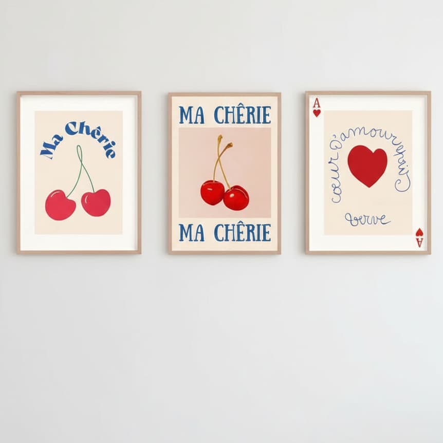 Quadros decorativos Cereja amorosos do coração, Nordic Cute Sweet 70s Retro (3 peças)