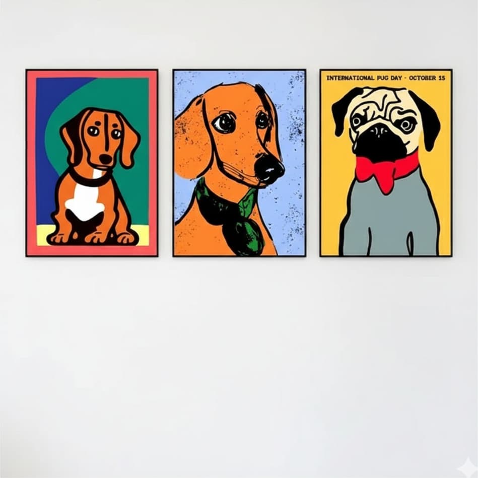 Quadros decorativos Pop Art, Retrato cachorros cores (3 peças)
