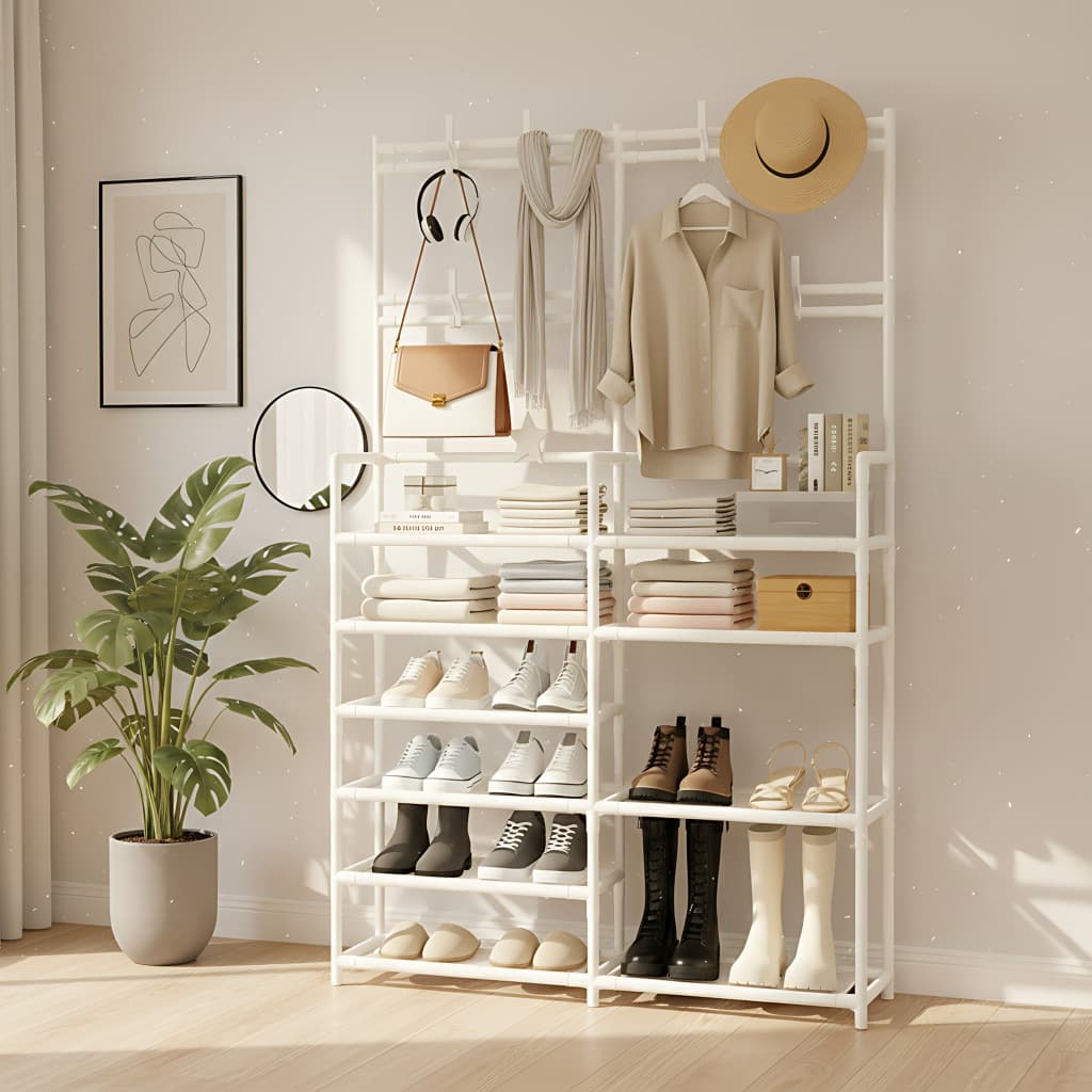 Sapateira Vertical Grande 6 Níveis com Cabideiro e Ganchos - Organizador Multiuso de Entrada e Quarto - Estante de Metal