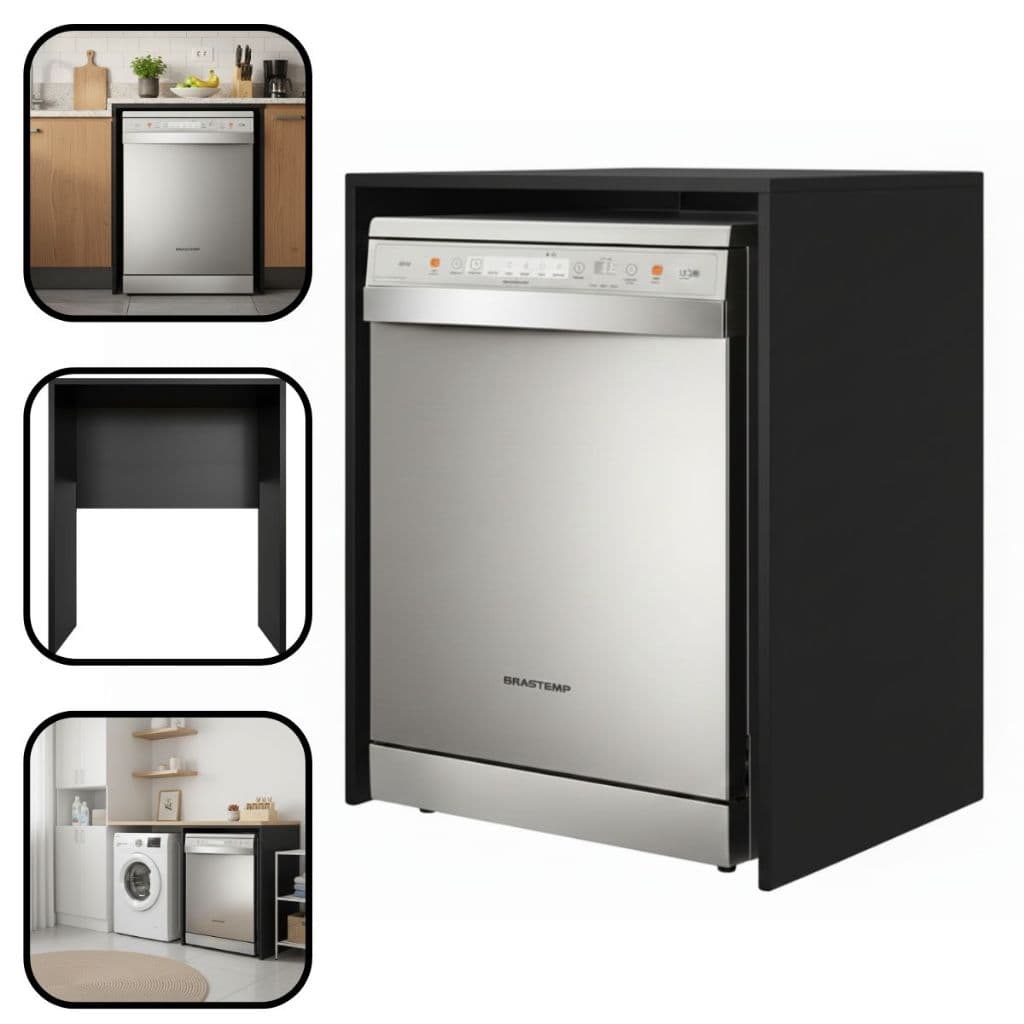 Nicho Decorativo Balcão Para Lava Louças 12 Serviços MDF Preto 91x69x64cm