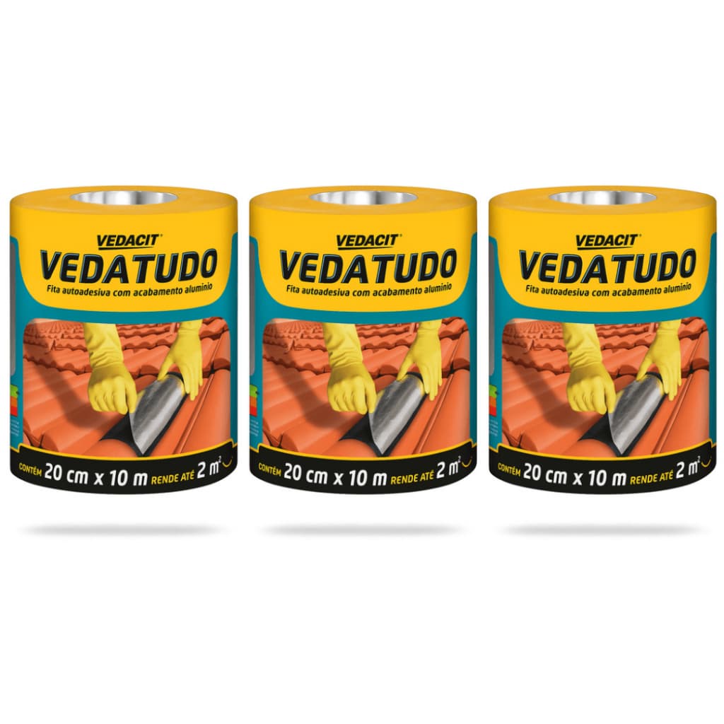 Kit 3 Mantas Asfálticas Auto Adesivas Aluminizadas 20cm x 10m Vedatudo Vedacit