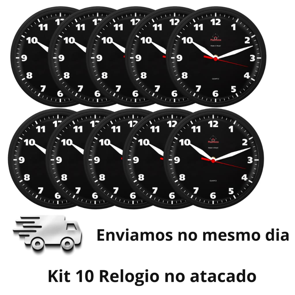Plashome Relógio de Parede Preto Black 24 cm Kit 10 unidade no Atacado para Sala Cozinha Escritório Lojista