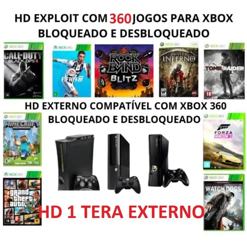 Exploit 360 Jogos Xbox 360 Original | Funciona em Bloqueado e Desbloqueado | Instalação Simples HD 1 TERA EXTERNO