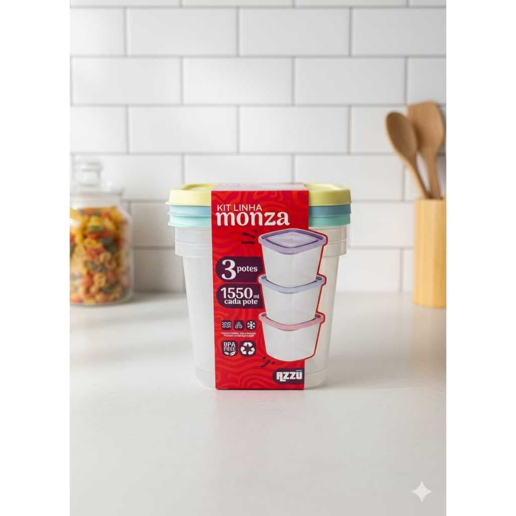 Kit 3 Potes Plásticos 1550ml com Tampa  – Armazenamento e Organização