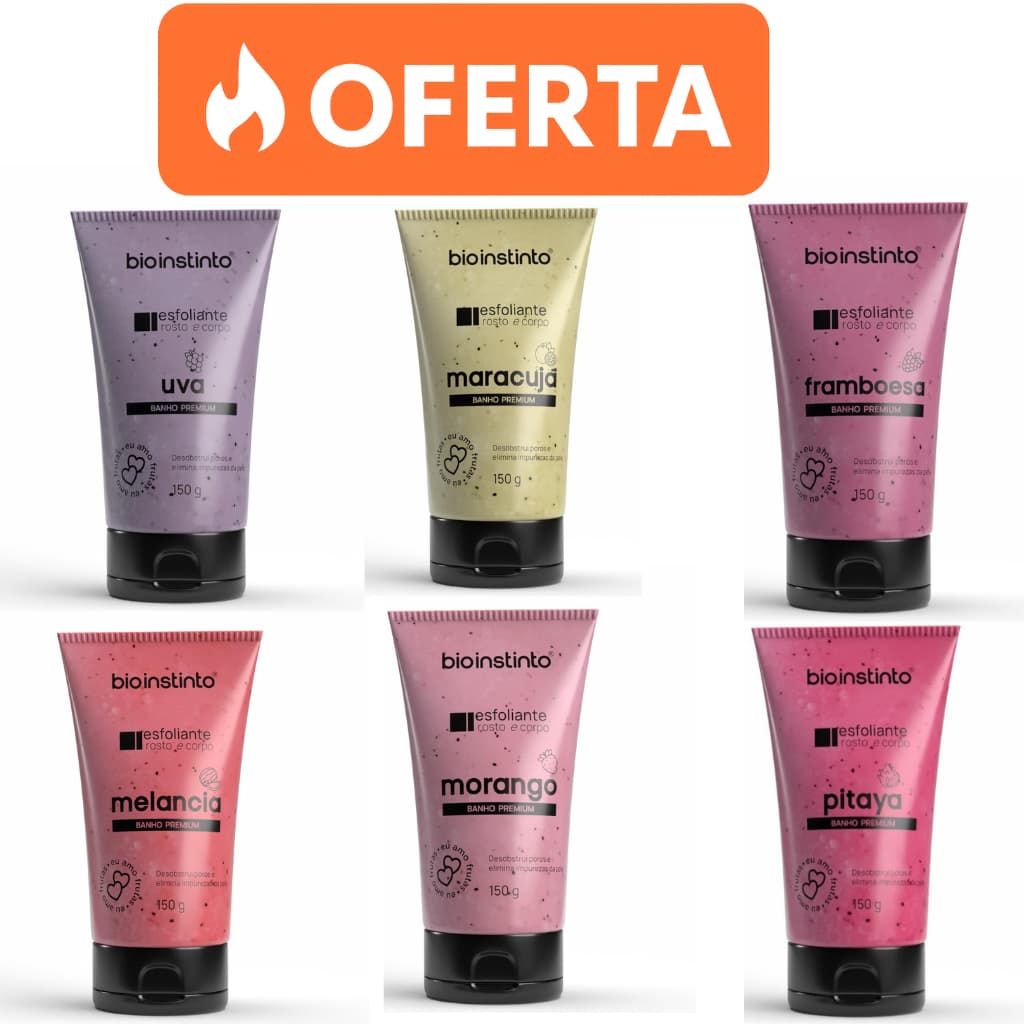 🧼 Kit 6 Esfoliantes Bioinstinto 150 g – Banho Premium ❤🍓🍉🍇