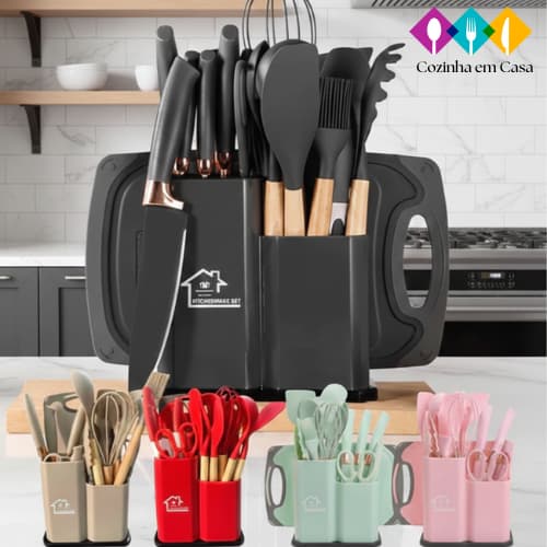Kit 12 ou 19 conjunto de utensílios Silicone Cozinha Colher escumadeira concha escumadeiras pote