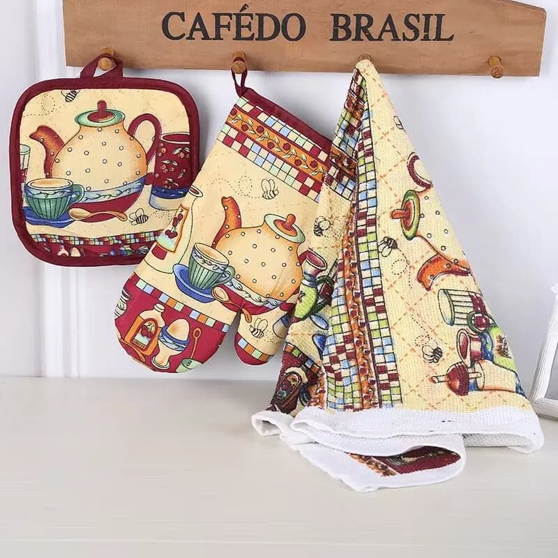 Kit Utensílios de Cozinha 3 Peças Luva Térmica Descanso de Panela Pano de Prato