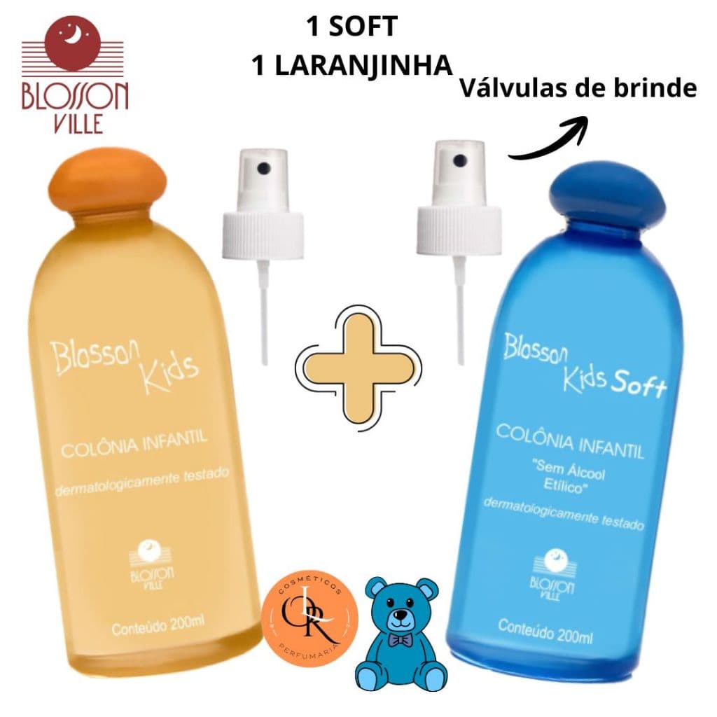 Dupla Blosson Kids Laranjinha e Kids Soft-sem álcool 200ml cada com válvulas ORIGINAL Blosson Ville