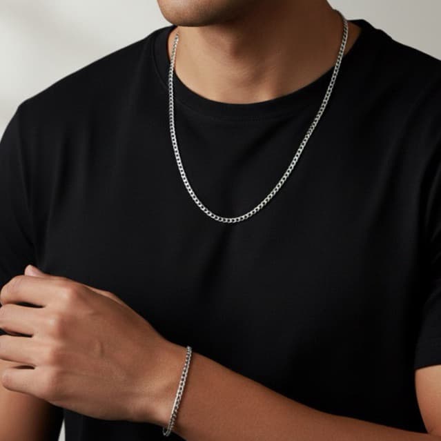 Kit Corrente Grumet Prata com Pulseira e Pingente em Aço Inox Colar Masculino e Feminina