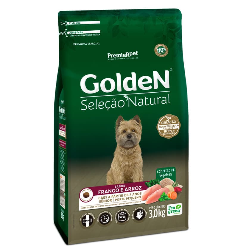 Ração Golden Seleção Natural para Cães Sênior de Porte Pequeno Sabor Frango e Arroz 3Kg