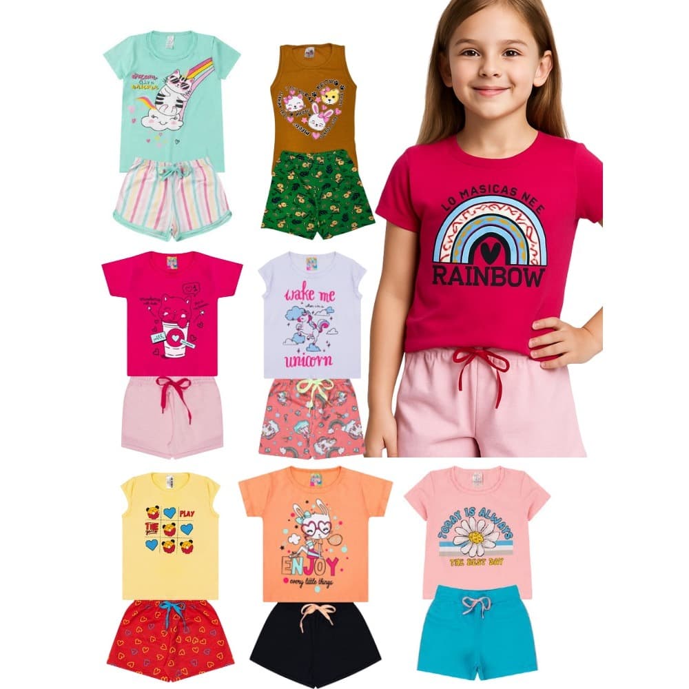 Kit 4 Peças-2 Conjuntos Femininos Infantil e Juvenil-Algodão/Macio/Estampas Lindas/Cores Vivas/Melhor Preço