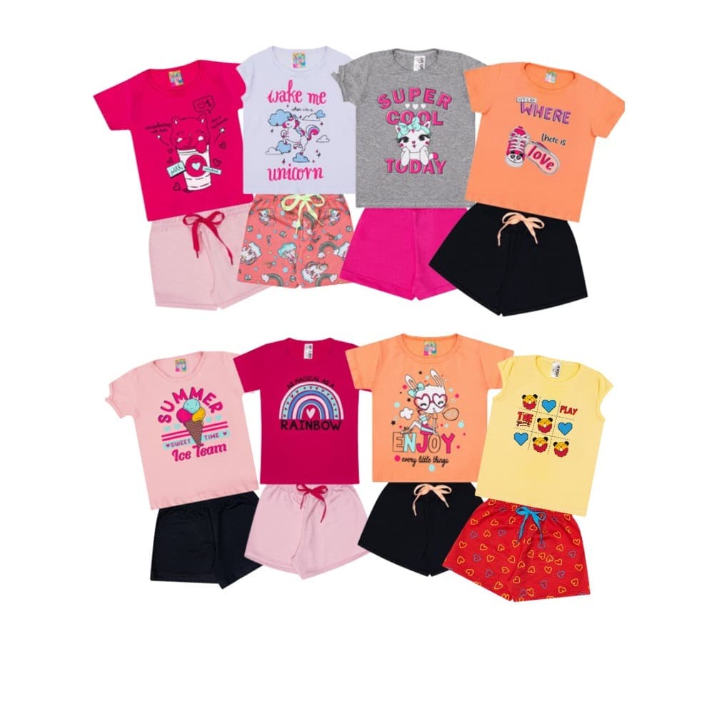 Kit 6 Peças Sortidas de Estampa Variadas -3 Conjuntos Feminino- Infantojuvenil/Algodão/Toque Macio e Suave/Durável/