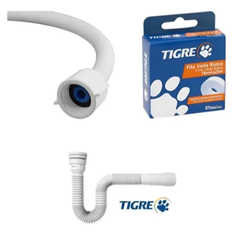Kit Hidráulico Tigre – Sifão Sanfonado Tubo + Engate 60cm + Fita Veda Rosca 18x10