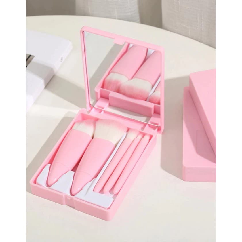 MINI ESTOJO DE MAQUIAGEM , KIT CONTEM 1 ESPELHO PORTATIL + 5 PINECEIS NA COR ROSA IDEAL PARA CARREGAR NA BOLSA.