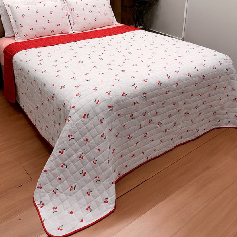 Cobre Leito Kit Colcha Cerejinha Cereja Vermelho Dupla Face Estampado Cama Casal Queen 03 Peças
