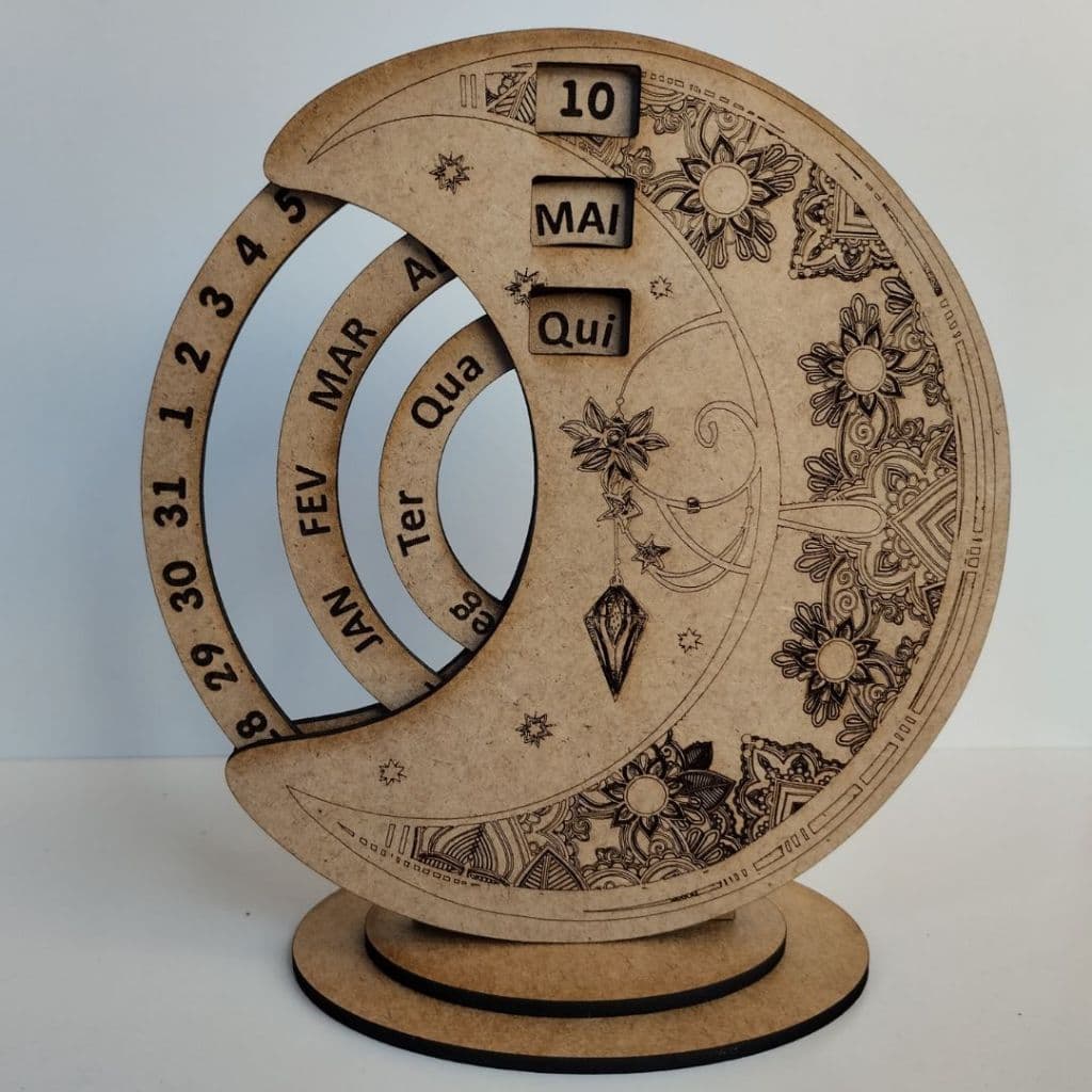 Calendário circular rotativo em MDF - com apoio para mesa - 17cm