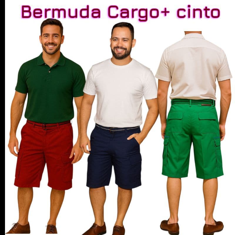 Bermuda cargo + mimo(cinto) presente dia dos pai.Bermuda social masculina com cinto,cores,vermelha, azul,verde