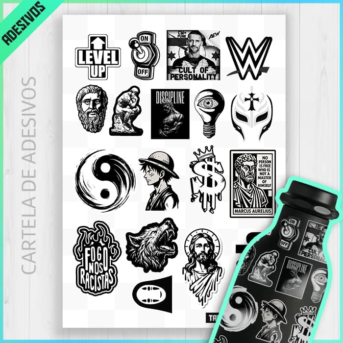 Cartela de Adesivos Monocromatico Preto e Branco, Vinil À Prova D'água, 1997, Retro, Stickers