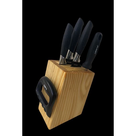 Faqueiro de Madeira Pinus com Suporte para 4 Facas + Amolador