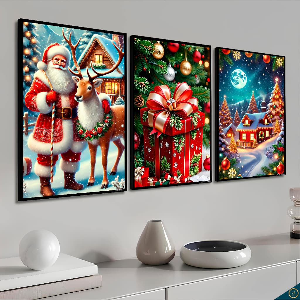 Quadros Decorativos 3 peças Papai Noel boneco de neve presentes para seu natal enfeite de Natal