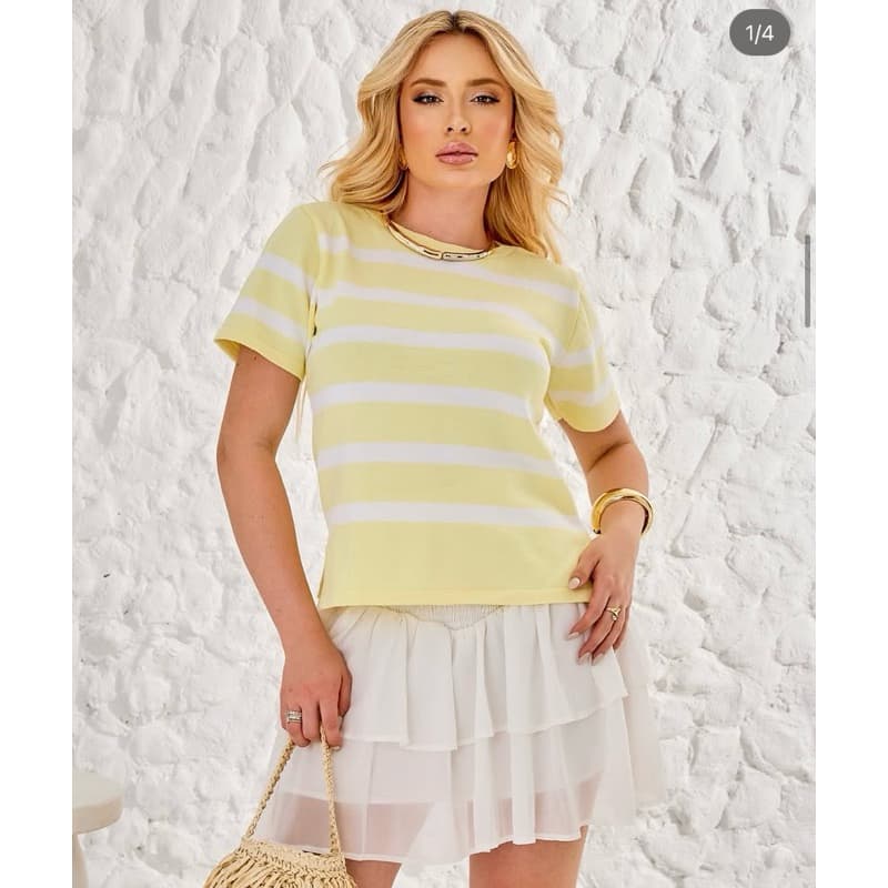 Blusa Listrada Tricot Premium Branco/Amarelo