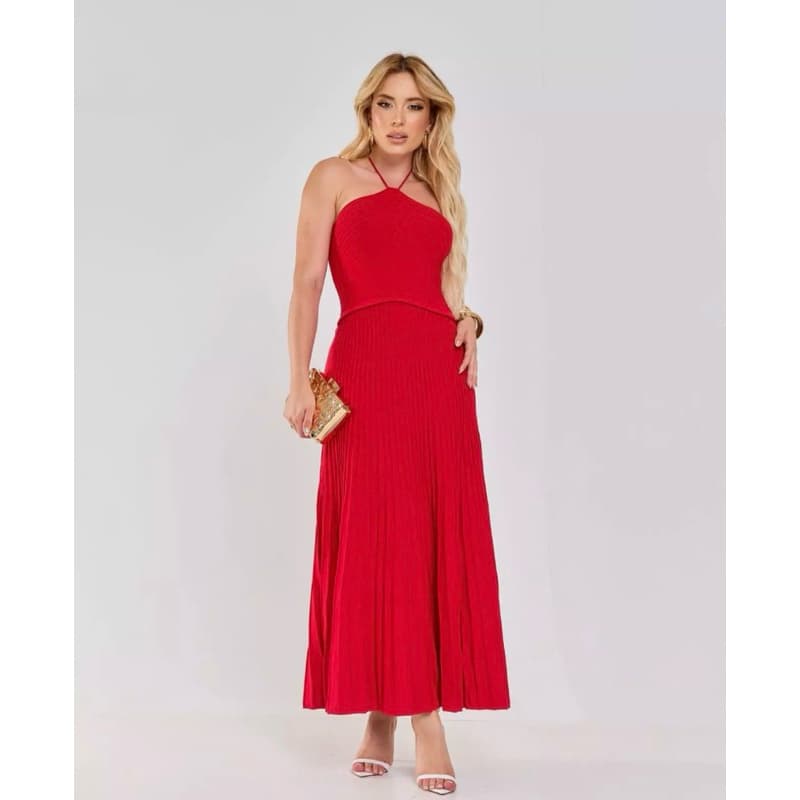 Vestido Premium Filipinas Midi Tricot Vermelho Com Saia Plissada