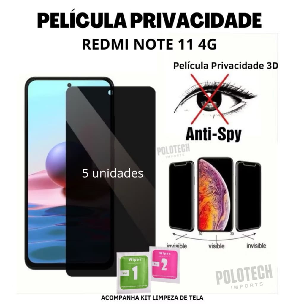 Kit Película Privacidade  3D Para Redmi Note 11 4G Tela 6,43 SPY - Lançamento 2026