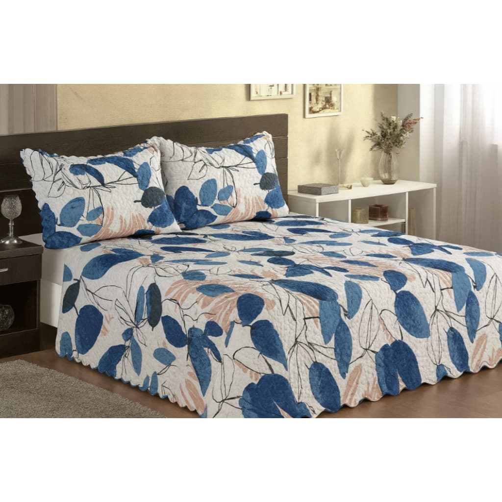 Kit 3 Peças Colcha Cobre Leito Para Cama Casal e Queen 2,60m x 2,40m - Dupla Face Estampado Floral