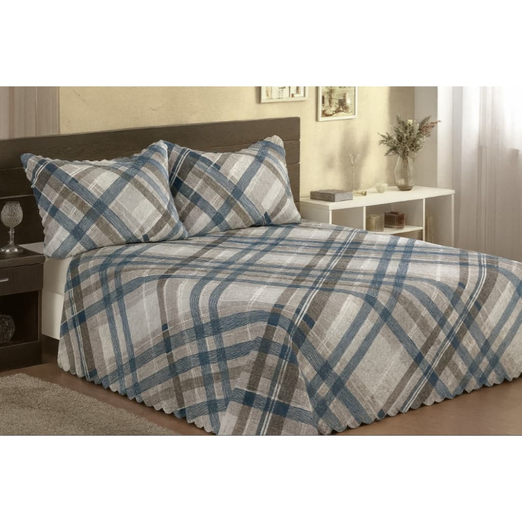 Kit 3 Peças Colcha Cobre Leito Para Cama Casal e Queen 2,60m x 2,40m - Dupla Face Estampado Xadrez