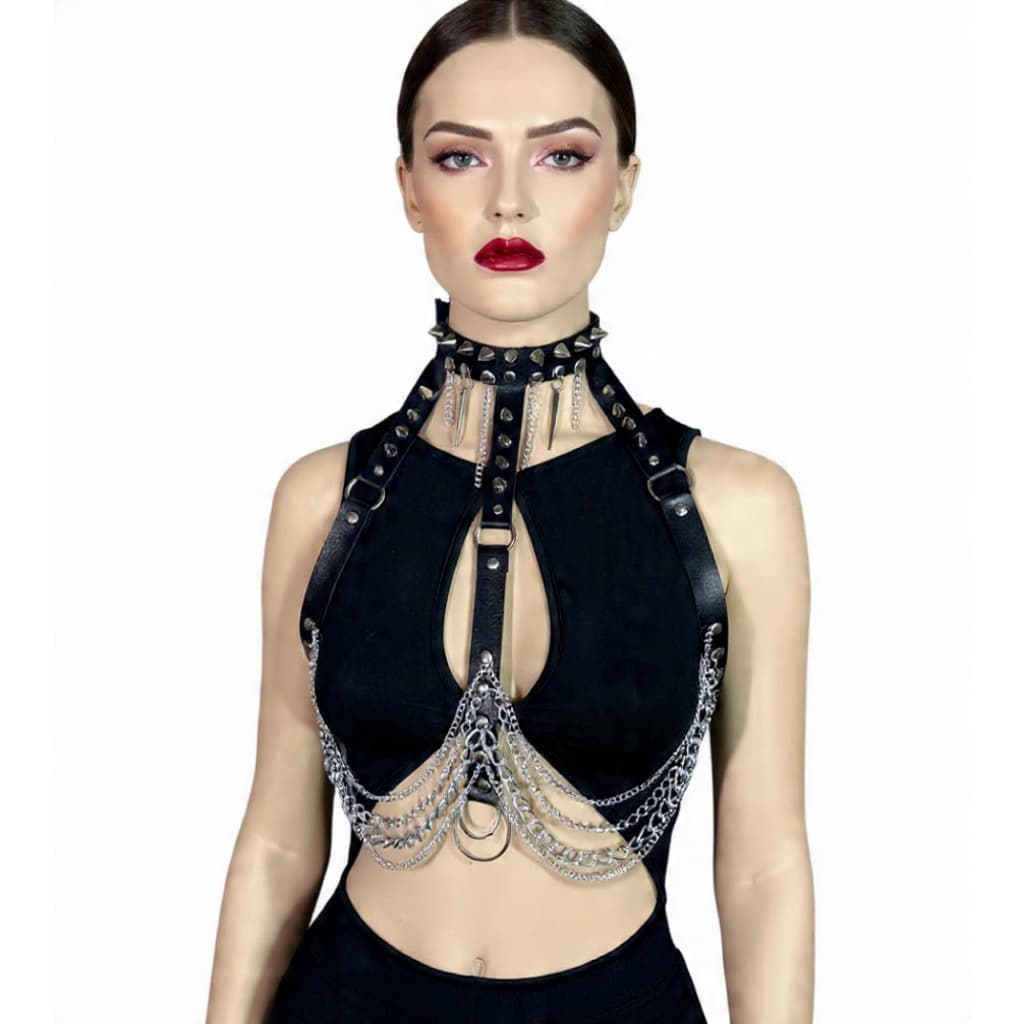 Busto Alice Harness Com Correntes E Spikes Acessório Gótico Moda Punk Estiloso