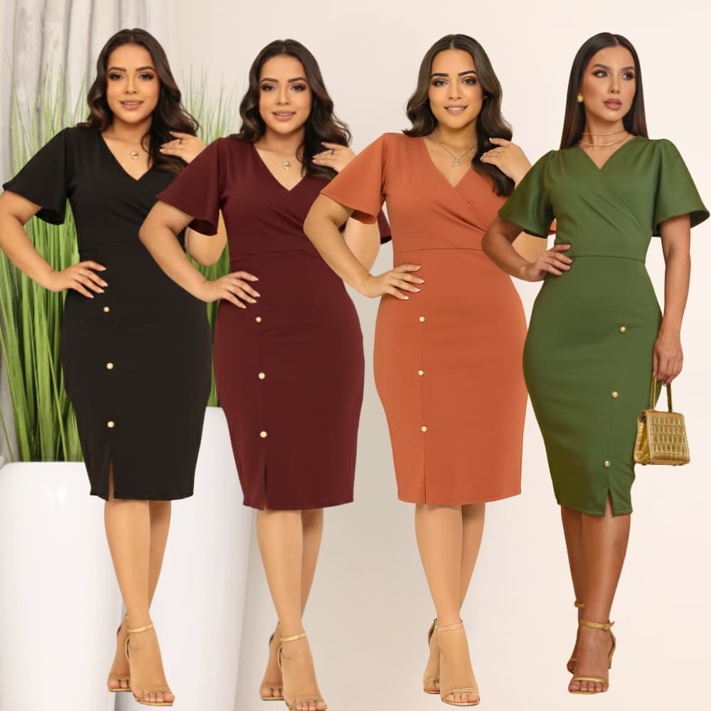 Vestido Mídi Feminino Social Crepe Malha Manga Curta  Moda Modesta Evangélica Luxo PlusSize Casual