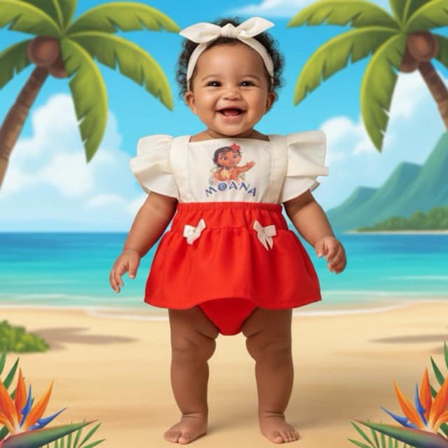 Conjunto Baby Moana – Romper + Faixa | Tamanho Único 6 a 9 meses | Look Tactel com Cabide mesversario tematico