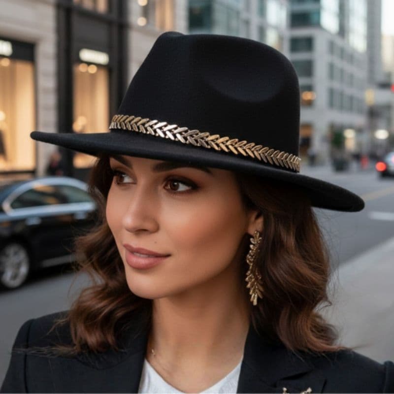 Chapéu Fedora Preto de Feltro Unissex Com Faixa Dourada Estilo Espinha Peixe