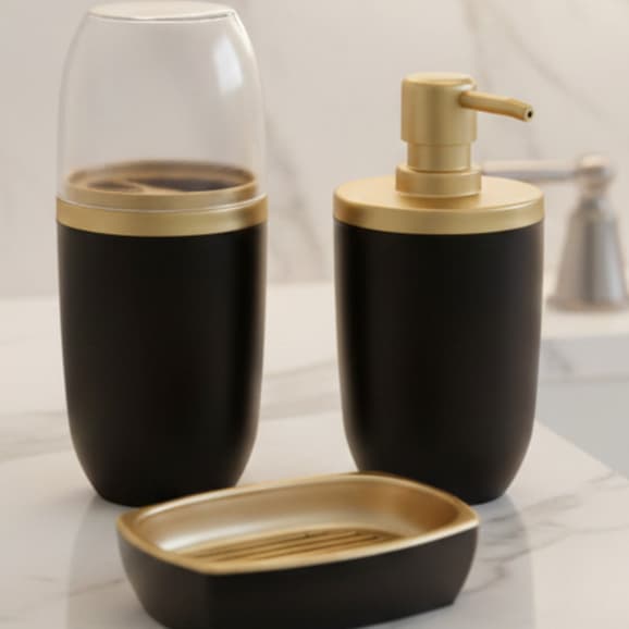 Kit Dispenser Sabonete + Porta Escovas + Saboneteira Preto Cor Preto E Dourado