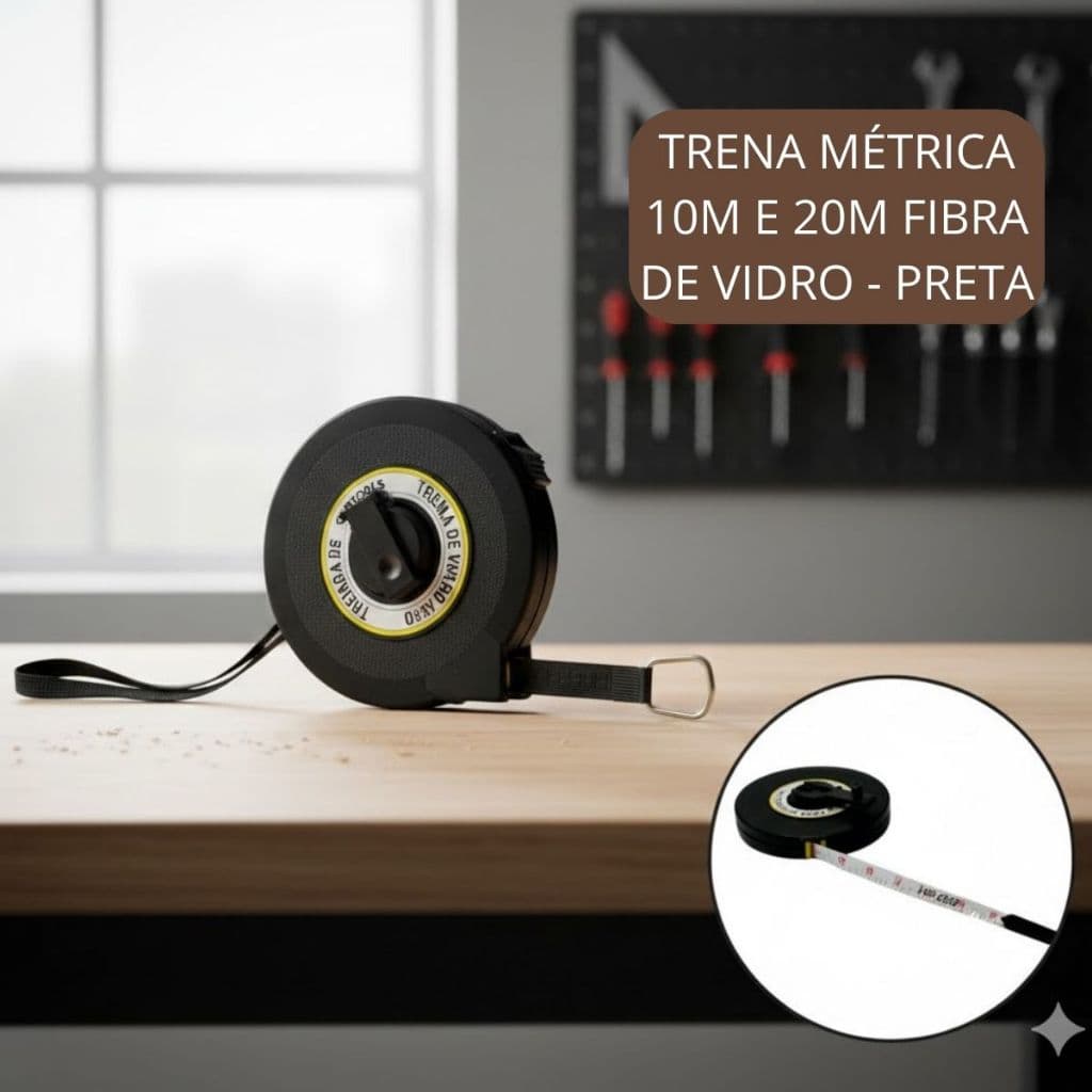 Trena Fita Métrica Longa 10m / 20m Fibra de Vidro Profissional - Preta